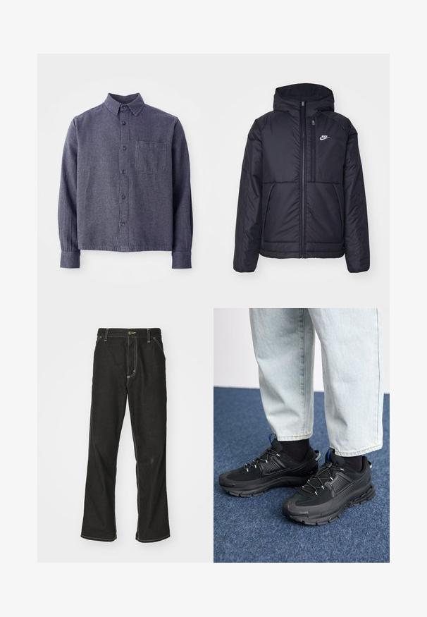 Svart, polstret Nike-jakke med frontglidelås og hette. Har en hvit logo på venstre bryst og doble frontlommer. Glatt ytterside.; Menns marineblå rutete skjorte med knapp, lett stoff, spredt krage, lange ermer, en brystlomme og knappestolpe foran.; Svarte denimbukser med løs passform, med kontrastfylt hvit søm, knappelukking og rett ben-design.; Svarte sportssko med teksturert stoff og gummisåler, med elastiske lisser og en blå detalj på hælen. Brukt med lyse denimbukser.