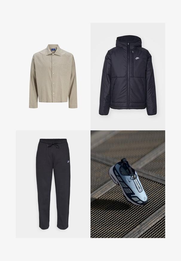 Schwarze, gepolsterte Nike-Jacke mit Frontreißverschluss und Kapuze. Hat ein weißes Logo auf der linken Brust und zwei Fronttaschen. Glattes äußeres Material.; Beige- und braun-karierte Hemd mit Knopfleiste, spitzen Kragen, langen Ärmeln, einer einzelnen Brusttasche und einem lockeren Schnitt. Hergestellt aus gewobenem Stoff.; Schwarze Sweatpants aus weichem Stoff mit elastischem Bund, Kordelzug und kleinem Nike-Logo auf dem linken Oberschenkel.; Der Nike Sneaker zeichnet sich durch ein Slip-On-Design mit hellblauem Obermaterial, schwarzen Akzenten und durchlüfteten Seitenpaneelen aus. Er hat eine abgerundete Zehenpartie und eine strukturierte Sohle.