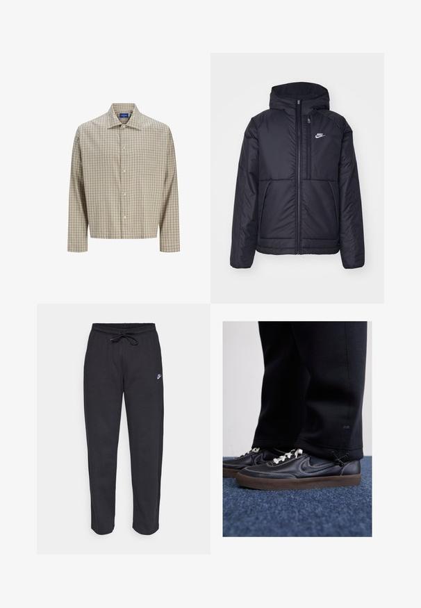 Svart, vadderad Nike-jacka med dragkedja framtill och huva. Har en vit logotyp på vänster bröst och dubbla framfickor. Slät yttextur.; Beige och brun rutig knäppskjorta med spetsig krage, långa ärmar, en bröstficka och avslappnad passform. Tillverkad av vävt tyg.; Svarta träningsbyxor i mjukt tyg med elastisk midja, dragsko och en liten Nike-logotyp på vänster lår.; Nike Sportswear KILLSHOT 2 LTR PRM OPP2 - Sneakers - black sail baroque brown mtlc dk grey