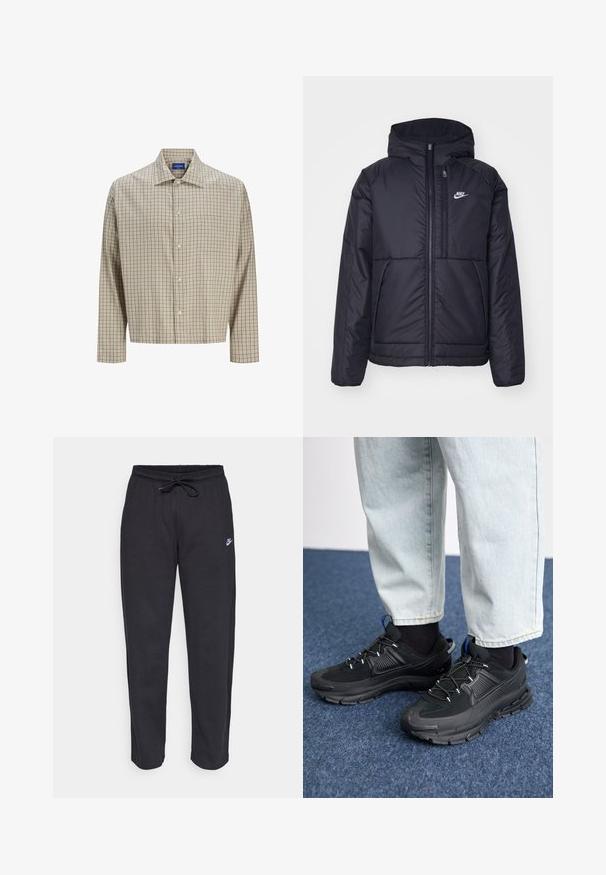 Giacca Nike nera, imbottita, con zip frontale e cappuccio. Presenta un logo bianco sul lato sinistro del petto e doppie tasche frontali. Texture esterna liscia.; Camicetta a quadri beige e marrone con colletto a punta, maniche lunghe, taschino singolo e vestibilità morbida. Realizzata in tessuto intrecciato.; Pantaloni della tuta neri realizzati in tessuto morbido con vita elastica, coulisse e un piccolo logo Nike sulla coscia sinistra.; Scarpe sportive nere con tessuto testurizzato e suole in gomma, dotate di lacci elastici e un accento blu sul tallone. Indossate con pantaloni in denim chiaro.