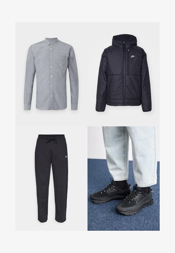 Chaqueta acolchada negra de Nike con cremallera frontal y capucha. Presenta un logo blanco en el lado izquierdo del pecho y dos bolsillos frontales. Textura exterior suave.; Camisa de botón de manga larga y color azul claro, hecha de tejido tejido. Presenta un solo bolsillo en el pecho y un cuello con botones. Textura similar a la satén.; Pantalones de chándal negros hechos de una tela suave, con cintura elástica, cordón y un pequeño logo de Nike en el muslo izquierdo.; Zapatillas deportivas negras con tejido texturizado y suelas de goma, con cordones elásticos y un acento azul en el talón. Combinadas con pantalones de mezclilla claros.