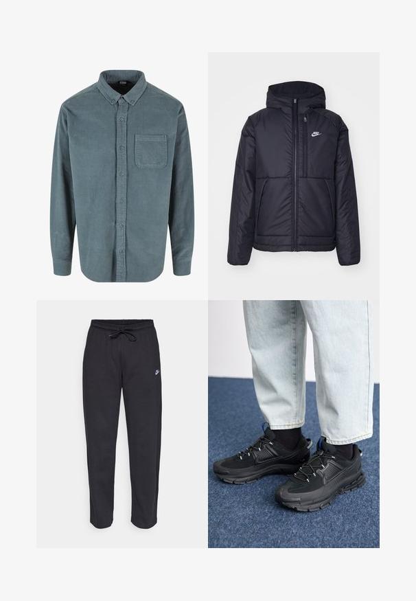 Svart, vadderad Nike-jacka med dragkedja framtill och huva. Har en vit logotyp på vänster bröst och dubbla framfickor. Slät yttextur.; Tealfärgad kordflodsskjorta med knäppning, framficka och långa ärmar, med ribbad struktur och blå knappar.; Svarta träningsbyxor i mjukt tyg med elastisk midja, dragsko och en liten Nike-logotyp på vänster lår.; Svarta sportskor med texturerat tyg och gummisulor, med elastiska snörningar och en blå detalj på hälen. Bärs med ljusa jeans.
