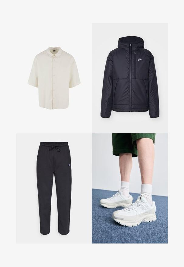 Juodas, paminkštintas Nike džemperis su priekyje užtrauktuku ir gobtuvu. Pasižymi balta logo kairėje krūtinės pusėje ir dviem priekinėmis kišenėmis. Su lygiu išoriniu paviršiumi.; Kreminės spalvos trumpomis rankovėmis marškiniai, pasižymintys laisvu siluetu, mygtukų uždarymu ir klasikinio tipo apykakle.; Juodos sportinės kelnės, pagamintos iš minkštos medžiagos, su elastinga juostele, raišteliu ir mažuoju Nike logotipu kairiajame šlaunyje.; Baltos sportinės bateliai su tekstūruotais uždengimais, masyviu padu ir pilkais akcentais. Dėvimi su baltais trumpais kojiniais ir žaliais šortais mėlyname paviršiuje.