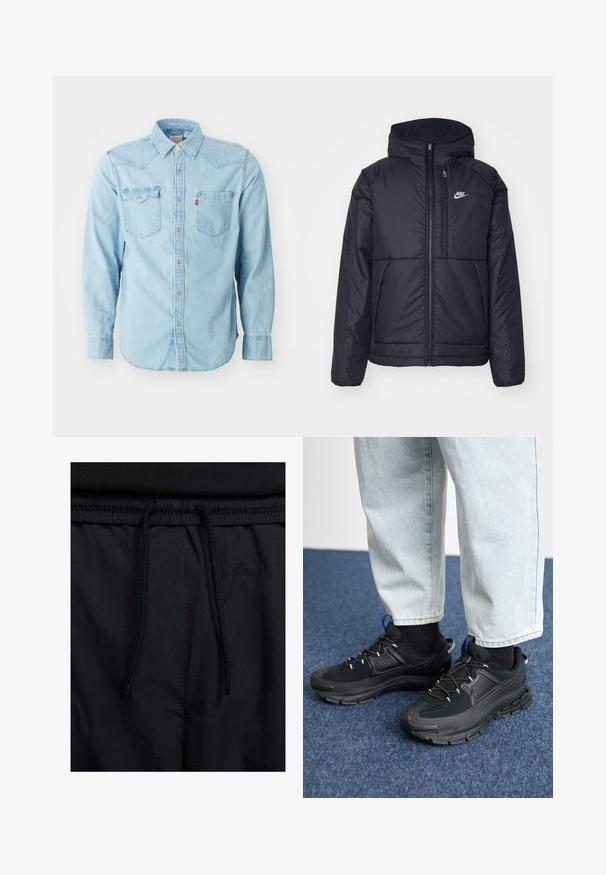 Crna Nike jakna s podstavom, dugmadi sprijeda i kapuljačom. Ima bijeli logotip na lijevoj strani prsnog koša i dva prednja džepa. Glatka vanjska tekstura.; Svijetloplava traper košulja dugih rukava s uskim ovratnikom, dva džepa na prsima, srebrnim dugmadi na kopčanje i kontrastnim šavovima. Glatka tekstura.; Crne kratke hlače s pojasom na vezanje, lagani materijal s glatkom teksturom i jednostavan dizajn bez vidljivih logotipa ili uzoraka.; Crne atletske cipele s teksturiranom tkaninom i gumene potplate, s elastičnim vezicama i plavim akcentom na peti. Nosene su s svijetlim trapericama.