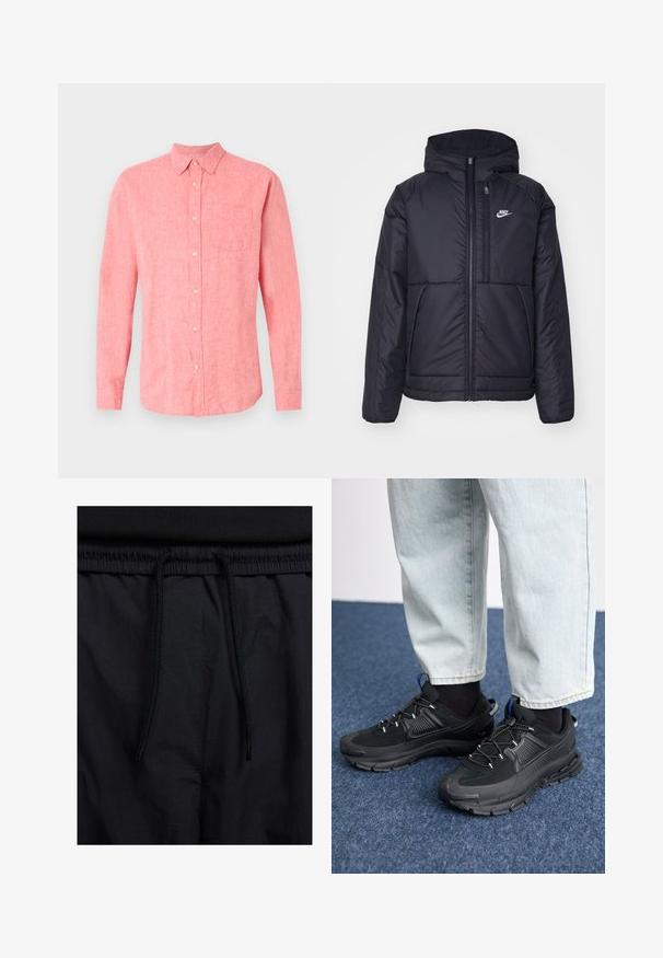 Must musta Nike jope, millel on ees lukuga avamine ja kapuuts. Vasakpoolne rind on kaunistatud valge logoga ning ees on kaks taskut. Sile välimine tekstuur.; Hea roosa linane pikakä sleeves särgid, millel on nööbistatud esikülg, üks rinna-tasku ja klassikaline krae. Pehme tekstuur ja lohakas sobivus.; Mustad lühikesed püksid, millel on paelaga vöökoht, kerge kangas, mis on sileda tekstuuriga ning lihtne disain ilma nähtavate logode või mustriteta.; Mustad mustad jooksukingad, millel on tekstureeritud kangas ja kummist tallad, elastsed nöörid ning sinine aksent kandadel. Kandmine heledate teksadega.