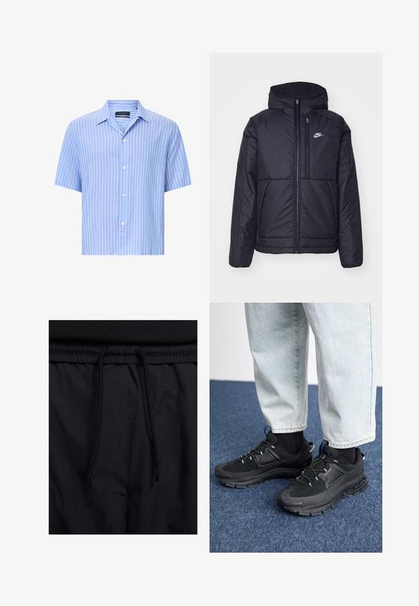 Schwarze, gepolsterte Nike-Jacke mit Frontreißverschluss und Kapuze. Hat ein weißes Logo auf der linken Brust und zwei Fronttaschen. Glattes äußeres Material.; Kurzarmpoloshirt in Hellblau mit weißen vertikalen Streifen. Aus leichtem Stoff gefertigt, mit klassischem Kragen und fünf Knöpfen.; Schwarze Shorts mit einem Kordelzugbund, leichtem Stoff mit glatter Textur und einem schlichten Design ohne sichtbare Logos oder Muster.; Schwarze Sportschuhe aus strukturiertem Stoff mit Gummisohlen, ausgestattet mit elastischen Schnürsenkeln und einem blauen Akzent an der Ferse. Getragen mit hellen Jeans.