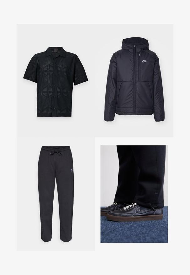 Jachetă Nike neagră, căptușită, cu fermoar pe față și glugă. Prezintă un logo alb pe pieptul stâng și două buzunare frontale. Textură exterioară netedă.; Cămașă neagră cu manșete scurte, având un model geometric cu texturi variate. Are un guler clasic și o închidere cu nasturi frontal.; Pantaloni de trening negri dintr-un material moale, cu talie elastică, șnur de ajustare și un mic logo Nike pe coapsa stângă.; Nike Sportswear KILLSHOT 2 LTR PRM OPP2 - Sneakers low - black sail baroque brown mtlc dk grey