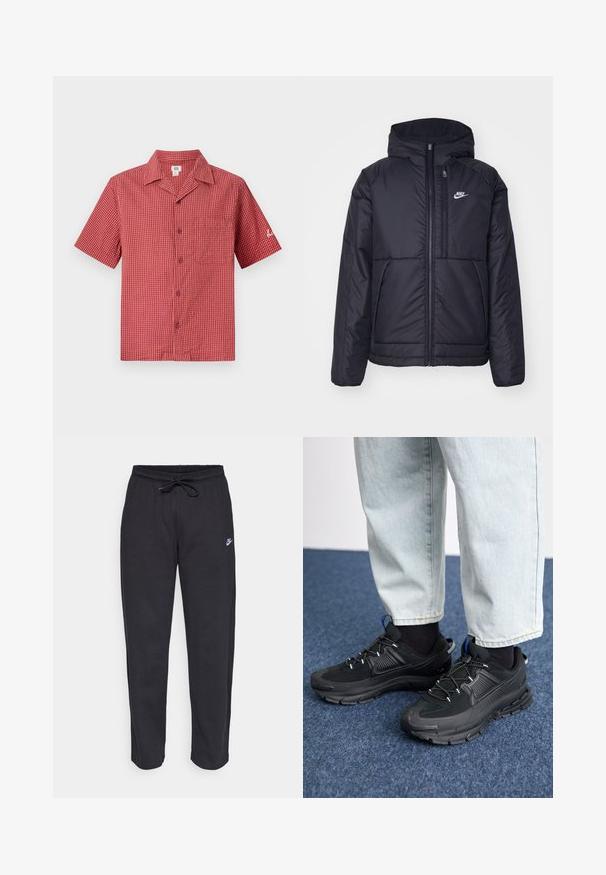 Musta, pehmustettu Nike-takki, jossa on etuvetoketju ja huppu. Vasemmassa rinnassa on valkoinen logo ja takissa on kaksinkertaiset etutaskut. Pintakoe on sileä.; Punainen ruudullinen lyhythihainen paita, jossa on leirikolkka, etutasku ja nappikiinnitys. Kangas vaikuttaa kevyeltä ja tekstuuriselta.; Mustat verkkareita pehmeästä kankaasta, jossa on joustava vyötärö, nyöri ja pieni Nike-logo vasemmassa reidessä.; Mustat urheilukengät, joissa on teksturoitu kangas ja kumipohjat, elastiset nauhat ja sininen yksityiskohta kannassa. Yhdistetty vaaleisiin farkkuihin.