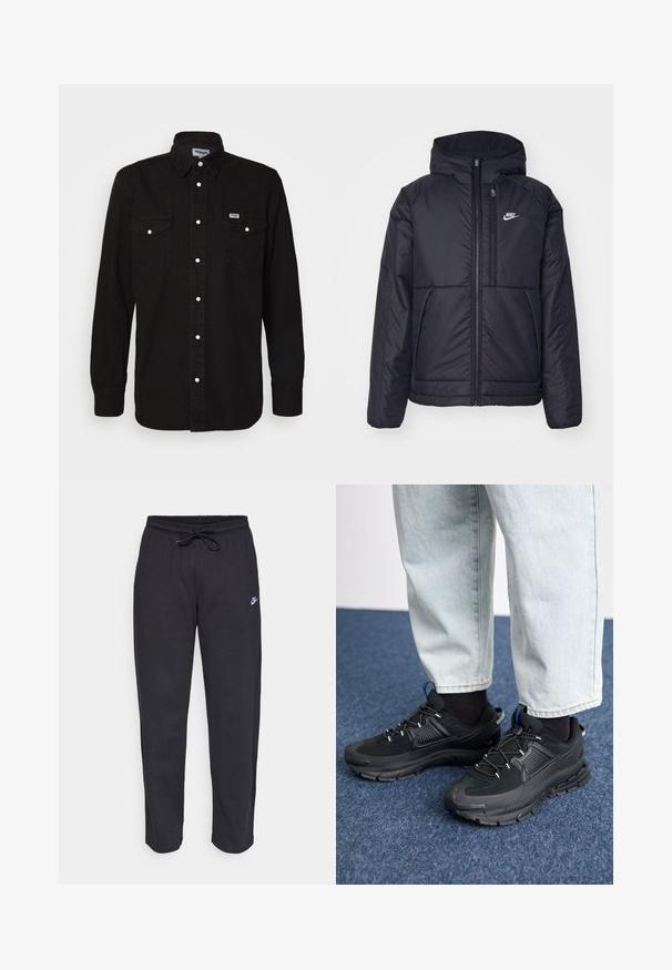 Casaco Nike preto, acolchoado, com fecho à frente e capuz. Apresenta um logo branco no lado esquerdo do peito e dois bolsos frontais. Textura exterior lisa.; Camisa preta de botão com colarinho pontudo, dois bolsos no peito, botões de pressão brancos e tecido texturizado. Logotipo da Wrangler no lado esquerdo do peito.; Calças de treino pretas feitas de tecido suave, com faixa elástica na cintura, cordão regulador e um pequeno logótipo da Nike na coxa esquerda.; Sapatilhas desportivas pretas com tecido texturizado e solas em borracha, apresentando atacadores elásticos e um detalhe azul no calcanhar. Usadas com calças de ganga claras.