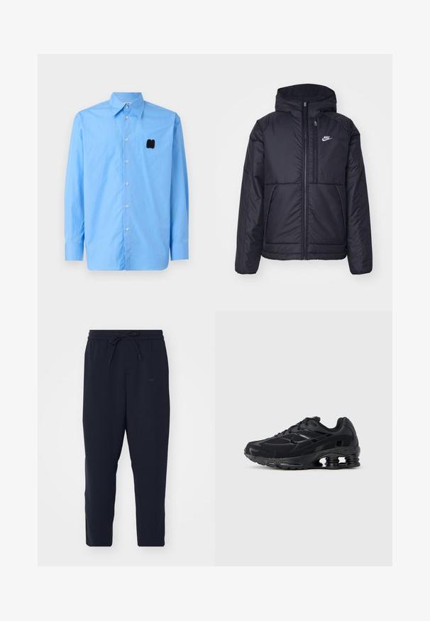 Musta, pehmustettu Nike-takki, jossa on etuvetoketju ja huppu. Vasemmassa rinnassa on valkoinen logo ja takissa on kaksinkertaiset etutaskut. Pintakoe on sileä.; Vaaleansininen pitkähihainen paita, joka on valmistettu sileästä kankaasta ja jossa on teräväkauluksellinen malli sekä musta brodeerattu logo vasemmassa rinnassa.; Tumman siniset jogger-housut pehmeästä kankaasta, joissa on joustava vyötärönyöri, kapenevat lahkeet ja sivutaskut.; Musta urheilukenkä, jossa on verkkopäällinen, pehmustettu kaulus ja näkyvä iskunvaimennusteknologia kantapäässä. Sisältää teksturoituja yksityiskohtia ja nauhat.