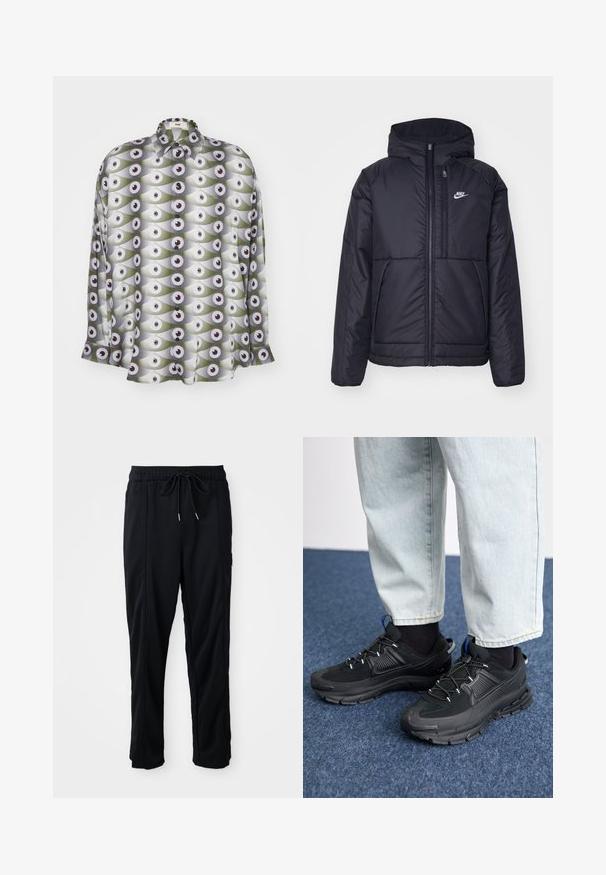 Melna, pufota Nike jaka ar priekšējo rāvējslēdzēju un kapuci. Iezīmēta ar baltu logotipu uz kreisās krūtis un divām priekšējām kabatām. Gluda ārējā tekstūra.; Gara piedurkne krekls izgatavots no viegla auduma, ar atkārtotu acu rakstu zaļā un pelēkā krāsā ar melniem akcentiem un pogām.; Melnas bikses ar aukliņu jostas vietā, ar sānu kabatām un taisnu kāju griezumu uz vienkrāsaina fona.; Melni sporta apavi ar strukturētu audumu un gumijas zoli, ar elastīgām auklām un zilu akcentu uz papēža. Nēsāti ar gaišām džinsu biksēm.