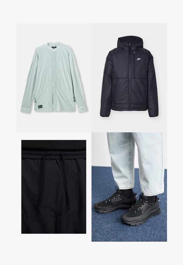 Casaco Nike preto, acolchoado, com fecho à frente e capuz. Apresenta um logo branco no lado esquerdo do peito e dois bolsos frontais. Textura exterior lisa.; Camisa de manga longa às riscas em verde e branco. Apresenta um colarinho mandarim, laços laterais e uma etiqueta da marca na parte inferior da frente. Tecido leve.; Calções pretos com um cós elástico ajustável, fabricados em tecido leve com uma textura suave e um design simples, sem logótipos ou padrões visíveis.; Sapatilhas desportivas pretas com tecido texturizado e solas em borracha, apresentando atacadores elásticos e um detalhe azul no calcanhar. Usadas com calças de ganga claras.