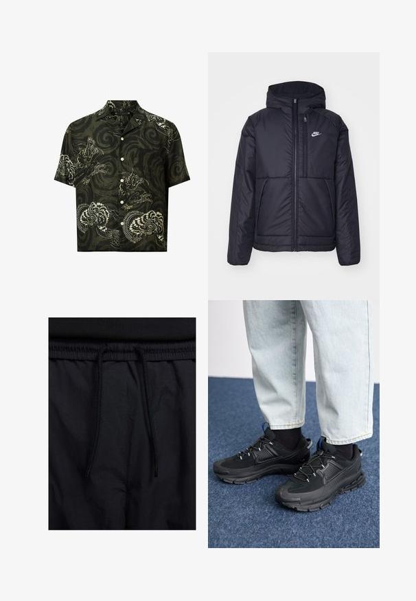 Musta, pehmustettu Nike-takki, jossa on etuvetoketju ja huppu. Vasemmassa rinnassa on valkoinen logo ja takissa on kaksinkertaiset etutaskut. Pintakoe on sileä.; T-paita lyhyillä hihoilla tummanvihreästä puuvillasta, jossa on valkoinen lohikäärme- ja kukkakuosi, varustettuna viistettyllä kauluksella ja nappilistan sulkemisella.; Mustat shortsit, joissa on naru vyötäröllä, kevyestä kankaasta valmistettu, sileä tekstuuri ja yksinkertainen muotoilu ilman näkyviä logoja tai kuvioita.; Mustat urheilukengät, joissa on teksturoitu kangas ja kumipohjat, elastiset nauhat ja sininen yksityiskohta kannassa. Yhdistetty vaaleisiin farkkuihin.