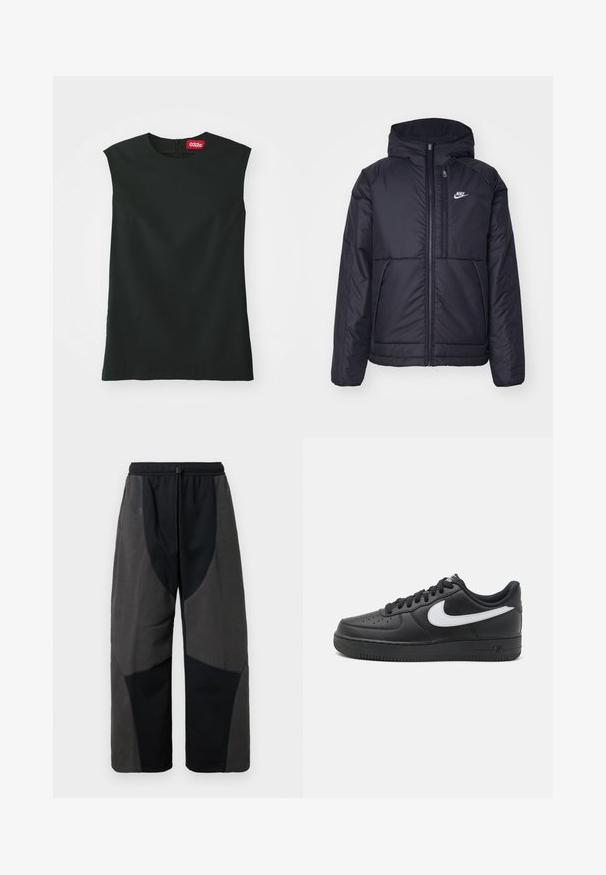 Čierna, polstrovaná bunda Nike so zipsom vpredu a kapucňou. Na ľavej strane hrude sa nachádza biele logo a sú tu dva predné vrecká. Hladký vonkajší povrch.; Čierny top bez rukávov s okrúhlym výstrihom, hladkým materiálom a zipsom na zadnej strane. Obsahuje malú červenú nálepku s logom "032c" na krku.; Čierne nohavice s fleecovými akcentmi a voľným strihom, s kontrastnými tmavošedými panelmi a nastaviteľným šnúrkovým pásom.; Čierne tenisky Nike Air Force 1 s hladkým koženým zvrškom, bielym logom, perforovanou špičkou a textúrovanou gumovou podrážkou.