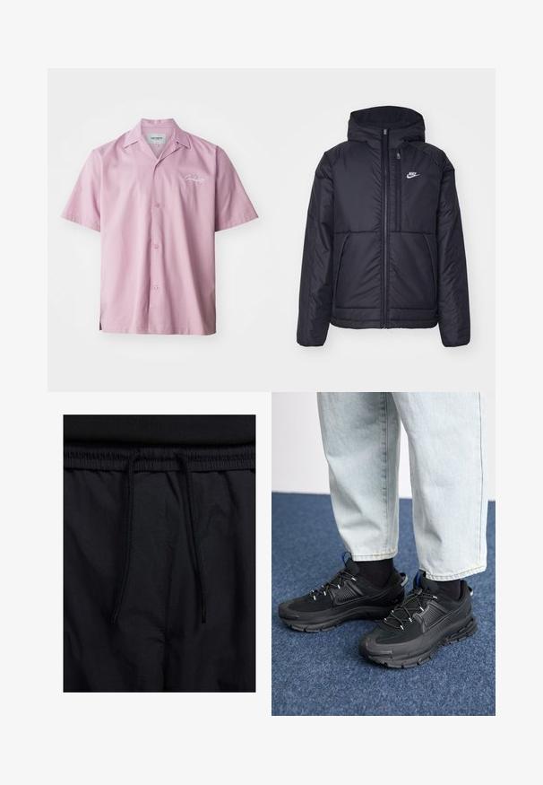 Chaqueta acolchada negra de Nike con cremallera frontal y capucha. Presenta un logo blanco en el lado izquierdo del pecho y dos bolsillos frontales. Textura exterior suave.; Camisa de botones de manga corta en tejido rosa claro. Presenta un cuello con muesca, cierre de botones en la parte delantera y un logo bordado en el pecho.; Pantalones cortos negros con cinturilla ajustable, tejido ligero con una textura suave y un diseño sencillo sin logotipos visibles ni patrones.; Zapatillas deportivas negras con tejido texturizado y suelas de goma, con cordones elásticos y un acento azul en el talón. Combinadas con pantalones de mezclilla claros.