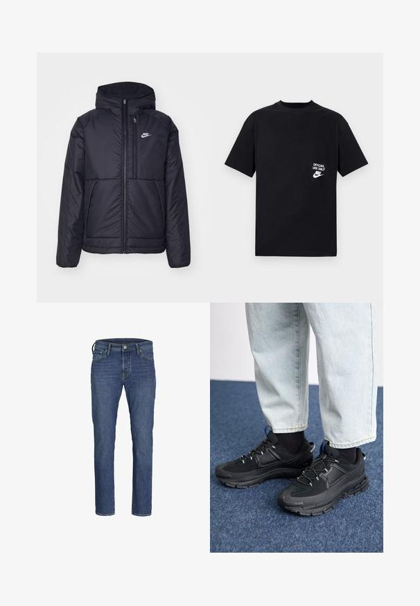 Black, padded Nike jacket with a front zipper and hood. Features a white logo on the left chest and dual front pockets. Smooth exterior texture.; Black cotton t-shirt with short sleeves, round neckline, featuring white text “OFFICIAL USE ONLY” and Nike logo on the left chest.; Men's blue denim jeans with a straight leg design, five-pocket styling, and a classic button and zipper closure.; Black athletic shoes with textured fabric and rubber soles, featuring elastic laces and a blue accent on the heel. Worn with light denim pants.