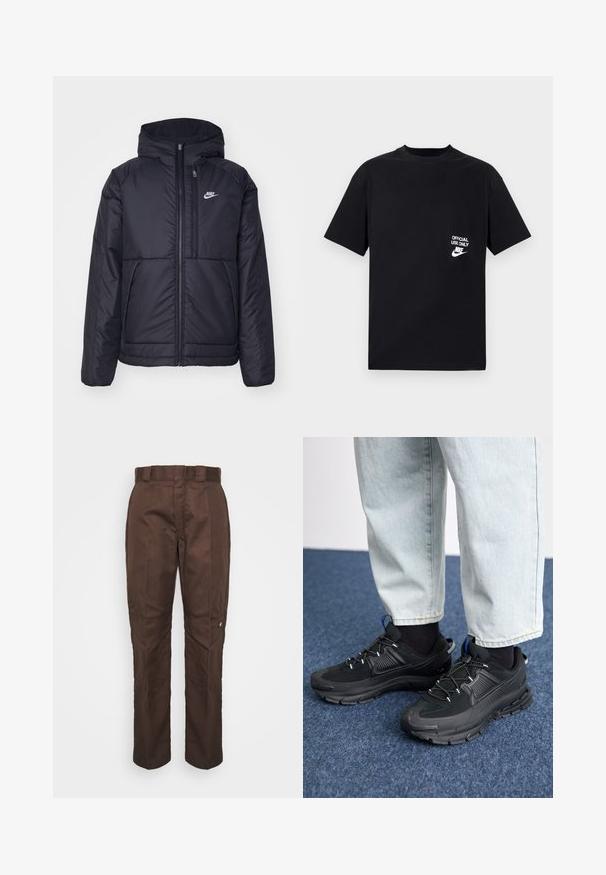 Black, padded Nike jacket with a front zipper and hood. Features a white logo on the left chest and dual front pockets. Smooth exterior texture.; Black cotton t-shirt with short sleeves, round neckline, featuring white text “OFFICIAL USE ONLY” and Nike logo on the left chest.; Brown, straight-leg pants with a smooth texture. Features a belt loop, side seams, and a small brand logo on the left leg.; Black athletic shoes with textured fabric and rubber soles, featuring elastic laces and a blue accent on the heel. Worn with light denim pants.