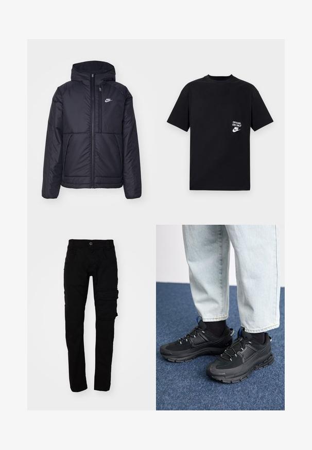 Giacca Nike nera, imbottita, con zip frontale e cappuccio. Presenta un logo bianco sul lato sinistro del petto e doppie tasche frontali. Texture esterna liscia.; T-shirt in cotone nero con maniche corte, scollatura rotonda, con testo bianco "USO UFFICIALE SOLO" e logo Nike sul petto sinistro.; Pantaloni cargo neri con una vestibilità slim, realizzati in tessuto di cotone resistente. Presentano diverse tasche e una chiusura con bottone in vita.; Scarpe sportive nere con tessuto testurizzato e suole in gomma, dotate di lacci elastici e un accento blu sul tallone. Indossate con pantaloni in denim chiaro.