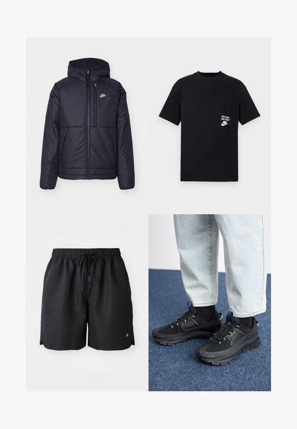 Čierna, polstrovaná bunda Nike so zipsom vpredu a kapucňou. Na ľavej strane hrude sa nachádza biele logo a sú tu dva predné vrecká. Hladký vonkajší povrch.; Čierne bavlnené tričko s krátkymi rukávmi a okrúhlym výstrihom, s bielym textom "LEN OFICIÁLNE POUŽITIE" a logom Nike na ľavej hrudi.; Čierne šortky vyrobené z ľahkého materiálu, vybavené elastickým pásom, šnúrkou a malým logom v oranžovej a červenej farbe na dolnej ľavej strane.; Čierne športové topánky s textúrovanou tkaninou a gumovou podrážkou, so elastickými šnúrkami a modrým akcentom na päte. Nosia sa s svetlými riflami.