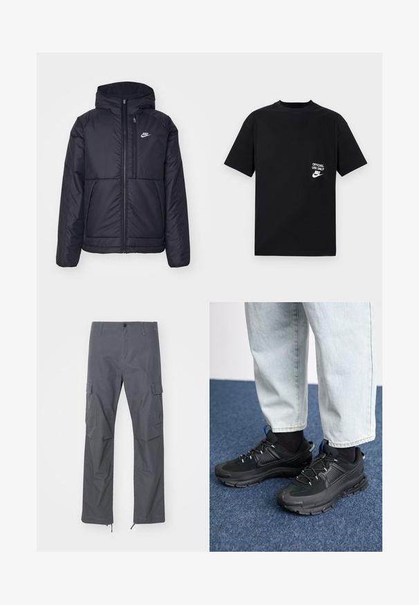 Melna, pufota Nike jaka ar priekšējo rāvējslēdzēju un kapuci. Iezīmēta ar baltu logotipu uz kreisās krūtis un divām priekšējām kabatām. Gluda ārējā tekstūra.; Melna kokvilnas T-kreklu ar īsām piedurknēm, apaļu kakla izgriezumu, ar baltu tekstu "OFFICIAL USE ONLY" un Nike logotipu kreisajā krūtī.; Pelēkie kravas bikses ar taisnu piegriezumu, vairākām kabatām, pogu aizdari un regulējamiem malām pie atlikuma. Izgatavotas no izturīgas, vieglas auduma.; Melni sporta apavi ar strukturētu audumu un gumijas zoli, ar elastīgām auklām un zilu akcentu uz papēža. Nēsāti ar gaišām džinsu biksēm.
