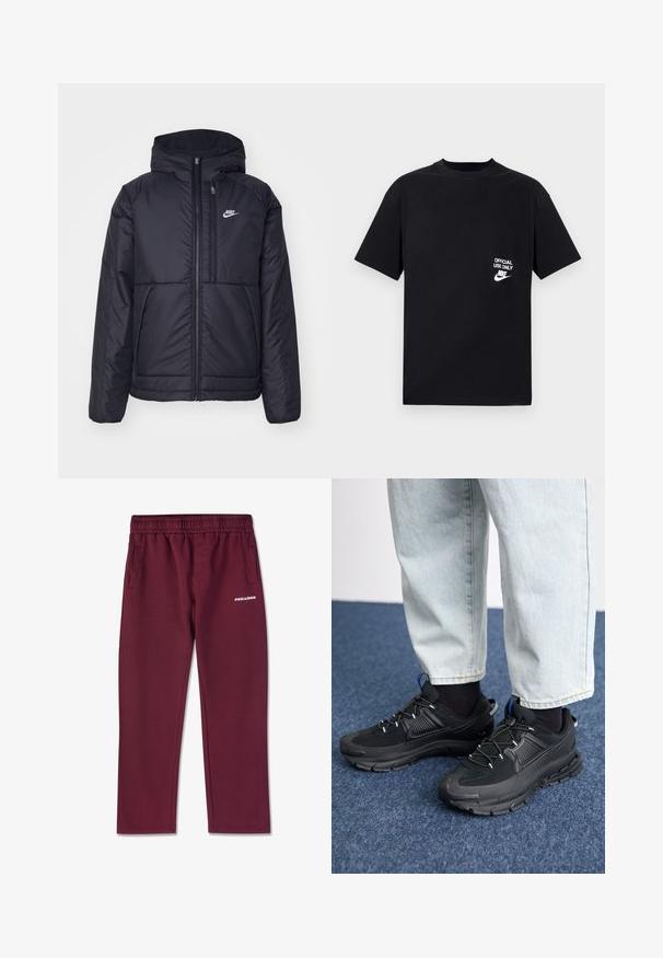 Casaco Nike preto, acolchoado, com fecho à frente e capuz. Apresenta um logo branco no lado esquerdo do peito e dois bolsos frontais. Textura exterior lisa.; T-shirt de algodão preto com mangas curtas, decote redondo, apresentando texto branco "USO OFICIAL APENAS" e o logótipo da Nike no lado esquerdo do peito.; Calças de moletão bordô feitas de um tecido macio, com um cós elástico, dois bolsos laterais e um logo branco da PEGAEXPOR na frente.; Sapatilhas desportivas pretas com tecido texturizado e solas em borracha, apresentando atacadores elásticos e um detalhe azul no calcanhar. Usadas com calças de ganga claras.
