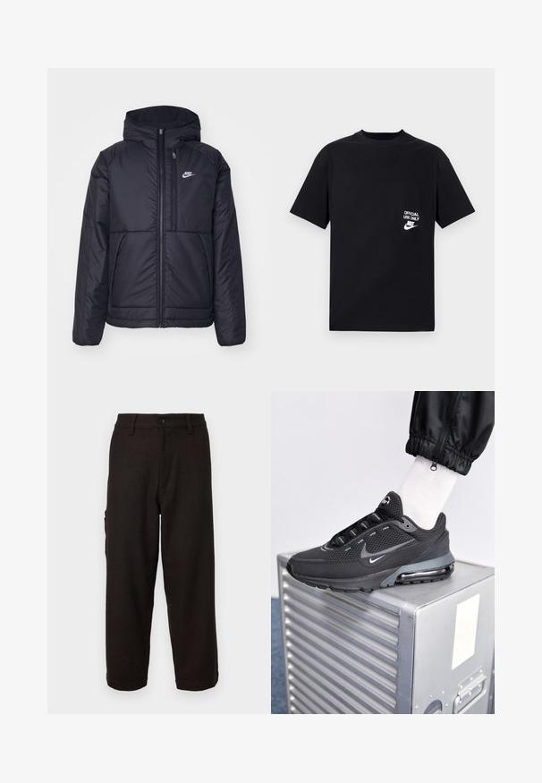 Zwarte, gewatteerde Nike-jas met een voorkant met ritssluiting en capuchon. Kenmerkt zich door een wit logo op de linkerborst en dubbele frontzakken. Gladde buitenkant.; Zwarte katoenen T-shirt met korte mouwen, ronde halslijn, voorzien van witte tekst "ENKEL VOOR OFFICIEEL GEBRUIK" en het Nike-logo op de linkerborst.; Zwarte broek met een visgraatpatroon, rechte snit, knoopsluiting en zijzakken voor functionaliteit. Zachte textuur, getailleerde pasvorm.; Nike Sportswear PULSE - Sneakers laag - black/anthracite