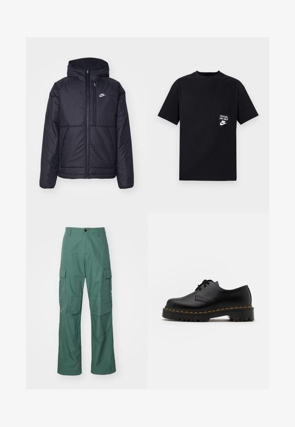Schwarze, gepolsterte Nike-Jacke mit Frontreißverschluss und Kapuze. Hat ein weißes Logo auf der linken Brust und zwei Fronttaschen. Glattes äußeres Material.; Schwarzes Baumwoll-T-Shirt mit kurzen Ärmeln und rundem Halsausschnitt, mit weißen Text "NUR FÜR OFFIZIELLE NUTZUNG" und Nike-Logo auf der linken Brust.; Cargo-Hosen in Dunkelgrün, aus strukturiertem Gewebe. Zu den Features gehören seitliche Cargo-Taschen und ein gerader Schnitt mit Knopfverschluss.; Schwarze Leder Schnürschuhe mit runder Spitze, strukturiertem Gummisohle und gelben Nähten um den Rand. Flaches Design und glatte Oberfläche.