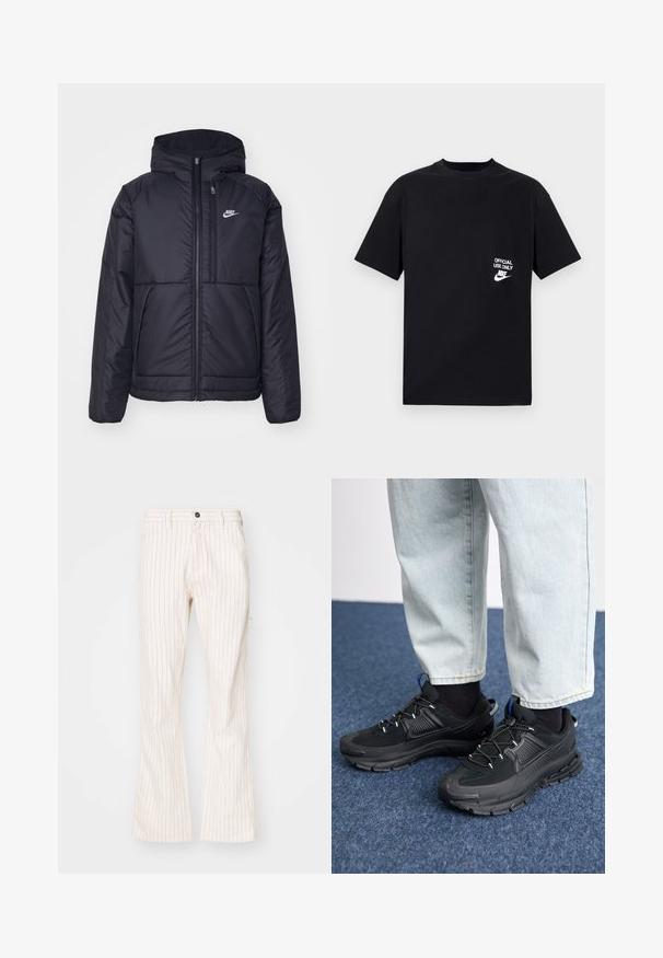 Jachetă Nike neagră, căptușită, cu fermoar pe față și glugă. Prezintă un logo alb pe pieptul stâng și două buzunare frontale. Textură exterioară netedă.; Tricou din bumbac negru cu mâneci scurte, decolteu rotund, având inscripția albă "DOAR PENTRU UTILIZARE OFICIALĂ" și logo-ul Nike pe pieptul stâng.; Pantaloni evazați de culoare crem cu dungi verticale roșii, având o închidere cu nasture, buzunare laterale și o țesătură netedă.; Pantofi sport negri, cu țesătură texturată și tălpi din cauciuc, având șireturi elastice și un accent albastru pe toc. Purtați cu pantaloni din denim deschis.