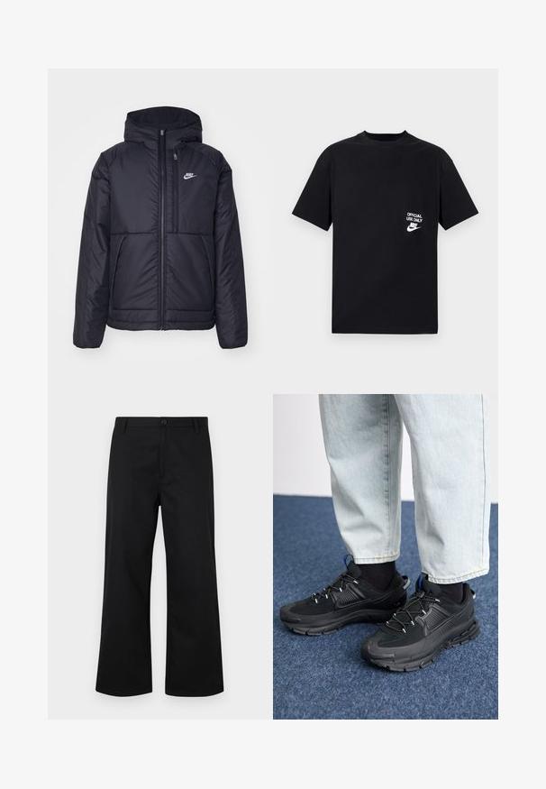 Schwarze, gepolsterte Nike-Jacke mit Frontreißverschluss und Kapuze. Hat ein weißes Logo auf der linken Brust und zwei Fronttaschen. Glattes äußeres Material.; Schwarzes Baumwoll-T-Shirt mit kurzen Ärmeln und rundem Halsausschnitt, mit weißen Text "NUR FÜR OFFIZIELLE NUTZUNG" und Nike-Logo auf der linken Brust.; Schwarze, weite Hosen aus glattem Stoff. Verfügt über einen Knopfverschluss vorne und einen Standardsaum. Minimalistisches Design, keine sichtbaren Muster.; Schwarze Sportschuhe aus strukturiertem Stoff mit Gummisohlen, ausgestattet mit elastischen Schnürsenkeln und einem blauen Akzent an der Ferse. Getragen mit hellen Jeans.