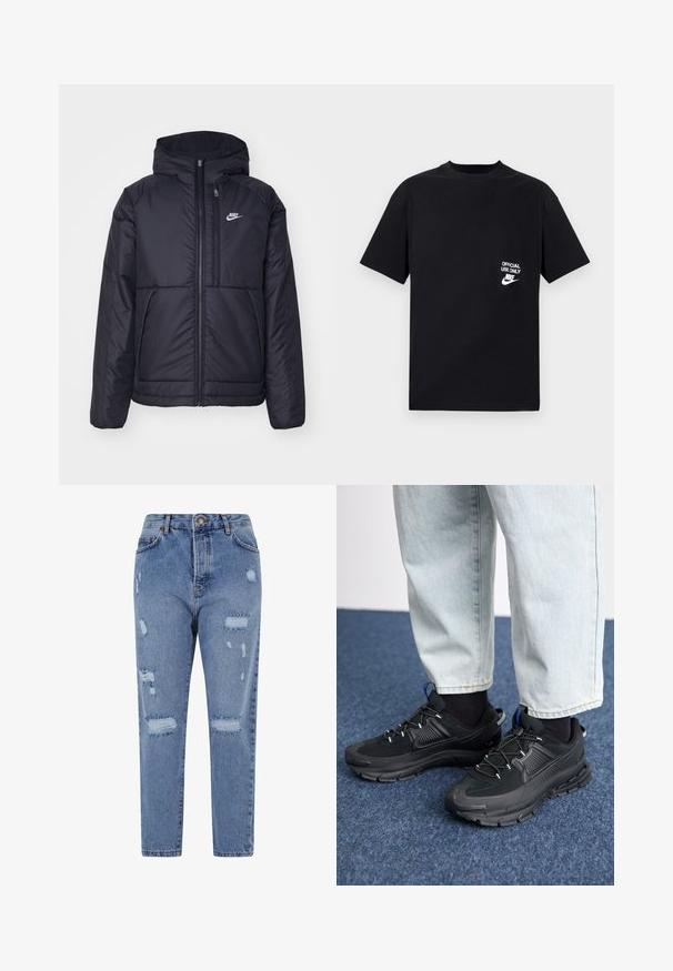 Crna Nike jakna s podstavom, dugmadi sprijeda i kapuljačom. Ima bijeli logotip na lijevoj strani prsnog koša i dva prednja džepa. Glatka vanjska tekstura.; Crna pamučna majica kratkih rukava, okruglog izreza, s bijelim natpisom "SAMO ZA SLUŽBENU UPOTREBU" i Nike logom na lijevoj strani prsiju.; Svijetloplave traperice s visokim strukom, ravnim nogavicama i izguljenim dizajnom koji uključuje izreza i izlizane rubove.; Crne atletske cipele s teksturiranom tkaninom i gumene potplate, s elastičnim vezicama i plavim akcentom na peti. Nosene su s svijetlim trapericama.