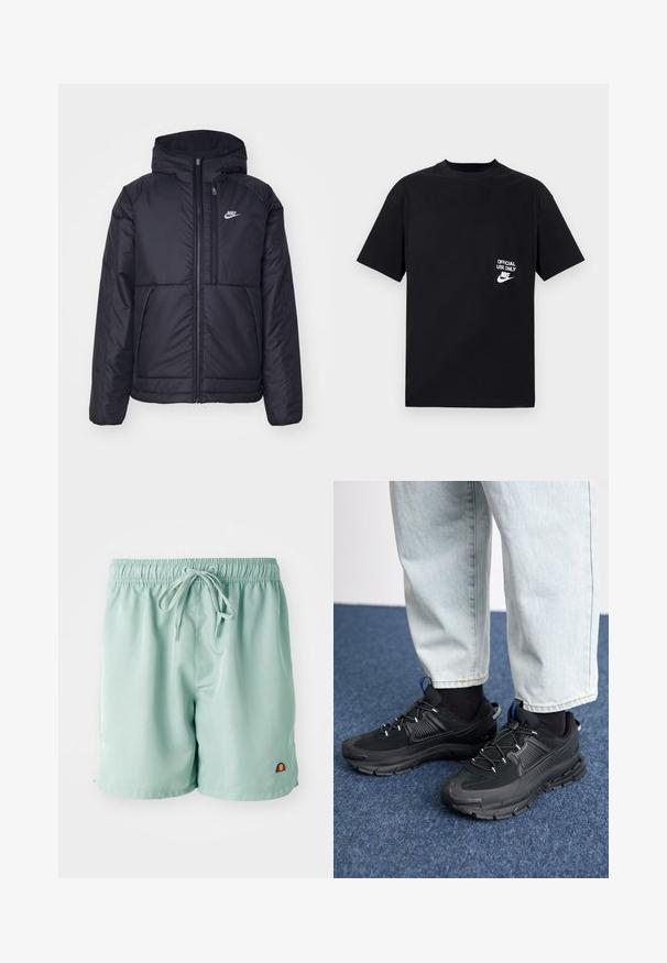 Crna Nike jakna s podstavom, dugmadi sprijeda i kapuljačom. Ima bijeli logotip na lijevoj strani prsnog koša i dva prednja džepa. Glatka vanjska tekstura.; Crna pamučna majica kratkih rukava, okruglog izreza, s bijelim natpisom "SAMO ZA SLUŽBENU UPOTREBU" i Nike logom na lijevoj strani prsiju.; Svijetlozelene kupaće gaće s elastičnim pojasom i vezicom, s malim izvezenim logotipom u donjem desnom kutu. Glatka tekstura.; Crne atletske cipele s teksturiranom tkaninom i gumene potplate, s elastičnim vezicama i plavim akcentom na peti. Nosene su s svijetlim trapericama.