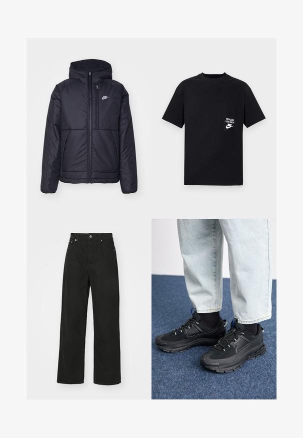 Veste Nike noire rembourrée avec une fermeture éclair sur le devant et une capuche. Elle présente un logo blanc sur la poitrine gauche et deux poches avant. Texture extérieure lisse.; T-shirt en coton noir à manches courtes, encolure ronde, avec le texte blanc "UTILISATION OFFICIELLE SEULEMENT" et le logo Nike sur le côté gauche de la poitrine.; Pantalons en denim noir avec une coupe droite, dotés de cinq poches, d'une fermeture à bouton et d'une taille classique. Texture lisse.; Des chaussures de sport noires avec un tissu texturé et des semelles en caoutchouc, dotées de lacets élastiques et d'un accent bleu au talon. Portées avec un pantalon en denim clair.