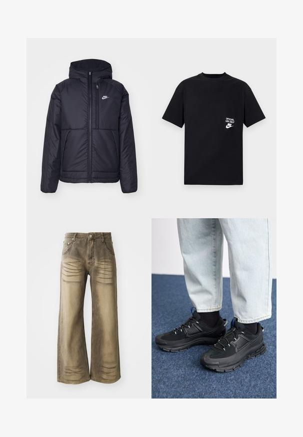 Zwarte, gewatteerde Nike-jas met een voorkant met ritssluiting en capuchon. Kenmerkt zich door een wit logo op de linkerborst en dubbele frontzakken. Gladde buitenkant.; Zwarte katoenen T-shirt met korte mouwen, ronde halslijn, voorzien van witte tekst "ENKEL VOOR OFFICIEEL GEBRUIK" en het Nike-logo op de linkerborst.; Wijdere jeans in een vervaagde tan kleur, met whiskeringdetails, een knoopsluiting en een vijf-pocket ontwerp. Gladde denimtextuur.; Zwarte sportschoenen met gestructureerde stof en rubberen zolen, met elastische veters en een blauwe accent op de hiel. Draag samen met lichte spijkerbroeken.