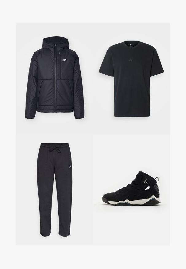 Black, padded Nike jacket with a front zipper and hood. Features a white logo on the left chest and dual front pockets. Smooth exterior texture.; Nike black cotton t-shirt with a classic crew neck, short sleeves, and a subtle, embossed logo on the chest. Smooth texture.; Black sweatpants made of soft fabric with an elastic waistband, drawstring, and a small Nike logo on the left thigh.; Jordan JORDAN TRUE FLIGHT - High-top trainers - black/phantom/anthracite