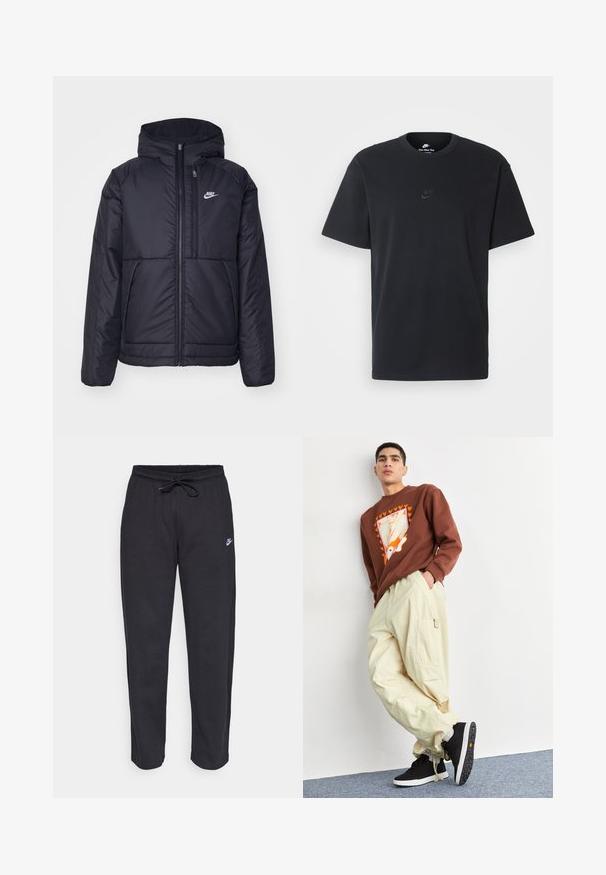 Melna, pufota Nike jaka ar priekšējo rāvējslēdzēju un kapuci. Iezīmēta ar baltu logotipu uz kreisās krūtis un divām priekšējām kabatām. Gluda ārējā tekstūra.; Nike melns kokvilnas T-krekls ar klasisku piegriezumu, īsām piedurknēm un smalku, reljefu logotipu uz krūškurvja. Gluda tekstūra.; Melnas sporta bikses, kas izgatavotas no mīksta auduma, ar elastīgu jostu, auklu un mazu Nike logo uz kreisā augšstilba.; Brūna sporta krekla ar grafisku dizainu un sirdīm, pārī ar gaiši beigu krāsas cargo biksēm ar sānu kabatām un melnām kedām.
