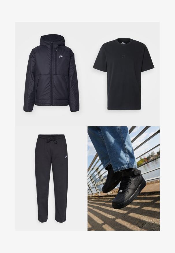 Casaco Nike preto, acolchoado, com fecho à frente e capuz. Apresenta um logo branco no lado esquerdo do peito e dois bolsos frontais. Textura exterior lisa.; T-shirt de algodão preto da Nike com um clássico decote redondo, mangas curtas e um logótipo em relevo discreto no peito. Textura suave.; Calças de treino pretas feitas de tecido suave, com faixa elástica na cintura, cordão regulador e um pequeno logótipo da Nike na coxa esquerda.; Sapatilhas Nike Air Force 1 pretas com parte superior em pele, língua em malha e sola em borracha, apresentando um design de cano alto e atacadores grossos.
