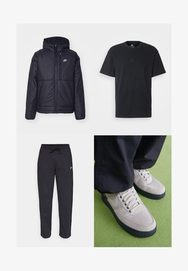 Casaco Nike preto, acolchoado, com fecho à frente e capuz. Apresenta um logo branco no lado esquerdo do peito e dois bolsos frontais. Textura exterior lisa.; T-shirt de algodão preto da Nike com um clássico decote redondo, mangas curtas e um logótipo em relevo discreto no peito. Textura suave.; Calças de treino pretas feitas de tecido suave, com faixa elástica na cintura, cordão regulador e um pequeno logótipo da Nike na coxa esquerda.; Nike Sportswear AIR FORCE 1 '07  - Sapatilhas - light iron ore/black/smoke grey