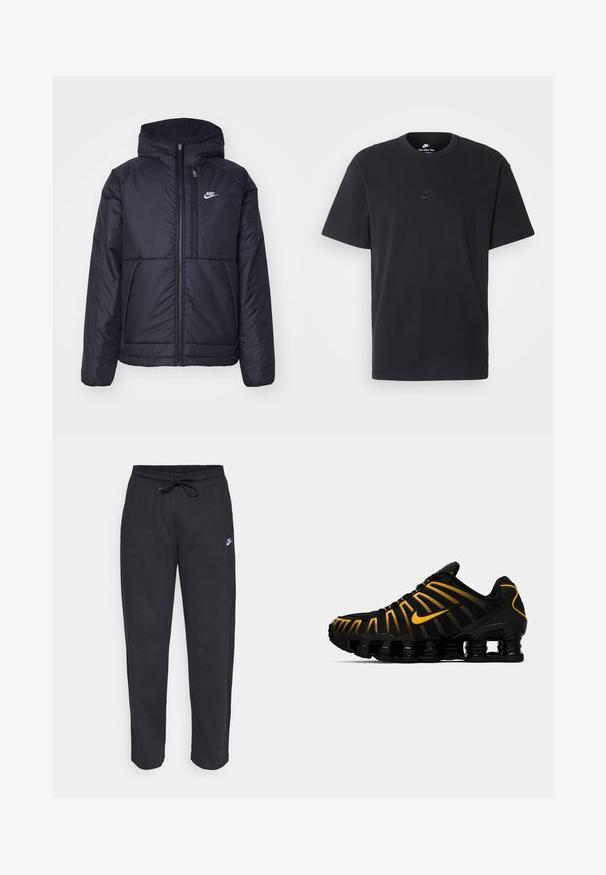 Melna, pufota Nike jaka ar priekšējo rāvējslēdzēju un kapuci. Iezīmēta ar baltu logotipu uz kreisās krūtis un divām priekšējām kabatām. Gluda ārējā tekstūra.; Nike melns kokvilnas T-krekls ar klasisku piegriezumu, īsām piedurknēm un smalku, reljefu logotipu uz krūškurvja. Gluda tekstūra.; Melnas sporta bikses, kas izgatavotas no mīksta auduma, ar elastīgu jostu, auklu un mazu Nike logo uz kreisā augšstilba.; Melnas sporta kedas ar dzelteniem akcentiem, kurām ir elpojošs sieta augšdaļa, viļņveida dizains un izteikta mīksta zole.