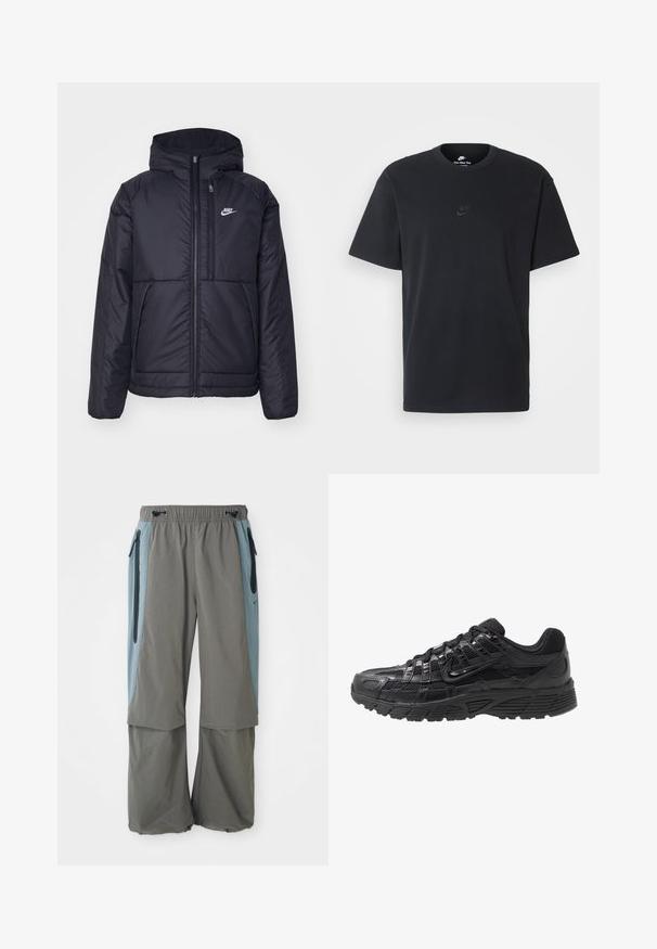 Jachetă Nike neagră, căptușită, cu fermoar pe față și glugă. Prezintă un logo alb pe pieptul stâng și două buzunare frontale. Textură exterioară netedă.; Tricou din bumbac negru Nike, cu guler rotund clasic, mâneci scurte și un logo subtil embosat pe piept. Textură netedă.; Pantaloni de exterior gri cu un design cu picioare largi, având panouri laterale de culoare albastru închis și buzunare cu fermoar. Fabricat dintr-un material ușor și respirabil.; Pantof indistrial negru, cu un superior din plasă și material sintetic, suprafață texturată, design cu șireturi și talpă din cauciuc cu model pentru aderență.