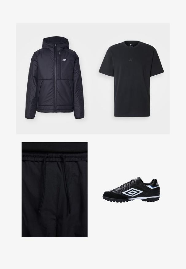 Black, padded Nike jacket with a front zipper and hood. Features a white logo on the left chest and dual front pockets. Smooth exterior texture.; Nike black cotton t-shirt with a classic crew neck, short sleeves, and a subtle, embossed logo on the chest. Smooth texture.; Black shorts featuring a drawstring waistband, lightweight fabric with a smooth texture, and a simple design without visible logos or patterns.; Black soccer shoe featuring synthetic leather, textured upper, white and blue accents, rubber outsole with studs for traction.