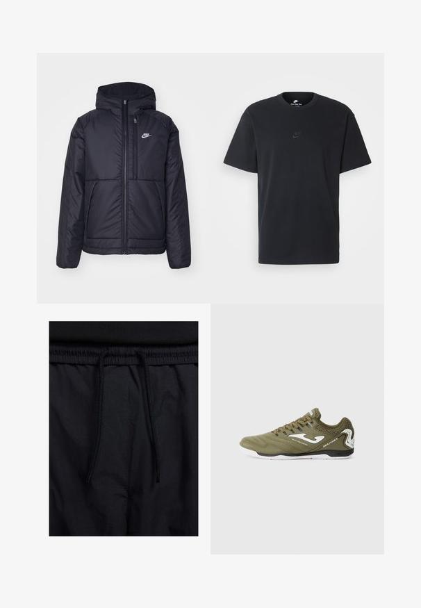 Jachetă Nike neagră, căptușită, cu fermoar pe față și glugă. Prezintă un logo alb pe pieptul stâng și două buzunare frontale. Textură exterioară netedă.; Tricou din bumbac negru Nike, cu guler rotund clasic, mâneci scurte și un logo subtil embosat pe piept. Textură netedă.; Șorturi negre cu un brâu reglabil, dintr-un material ușor cu o textură netedă și un design simplu, fără logo-uri sau modele vizibile.; Gheată sportivă de culoare verde măslin cu accente albe, superior din piele texturată, guler căptușit și talpă din cauciuc. Include un logo pe lateral.