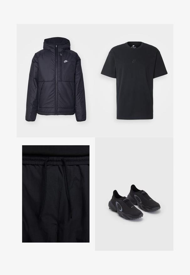 Melna, pufota Nike jaka ar priekšējo rāvējslēdzēju un kapuci. Iezīmēta ar baltu logotipu uz kreisās krūtis un divām priekšējām kabatām. Gluda ārējā tekstūra.; Nike melns kokvilnas T-krekls ar klasisku piegriezumu, īsām piedurknēm un smalku, reljefu logotipu uz krūškurvja. Gluda tekstūra.; Melni šorti ar sašūtu jostu, viegls audums ar gludu tekstūru un vienkāršs dizains bez redzamiem logotipiem vai paraugiem.; Melnas apavu kedas bez aizdare ar teksturētu augšdaļu un gumijas zoli. Iekļauts pelēks apļa akcentu un elastīga josla pāri instepam, lai nodrošinātu labāku fit.