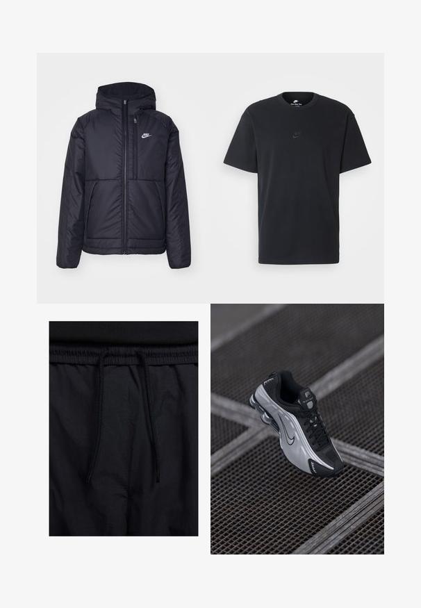 Casaco Nike preto, acolchoado, com fecho à frente e capuz. Apresenta um logo branco no lado esquerdo do peito e dois bolsos frontais. Textura exterior lisa.; T-shirt de algodão preto da Nike com um clássico decote redondo, mangas curtas e um logótipo em relevo discreto no peito. Textura suave.; Calções pretos com um cós elástico ajustável, fabricados em tecido leve com uma textura suave e um design simples, sem logótipos ou padrões visíveis.; Shoe atlético Nike com um design em preto e prata. Feito de material sintético, com detalhes em malha e uma sola de suporte com amortecimento de ar visível.
