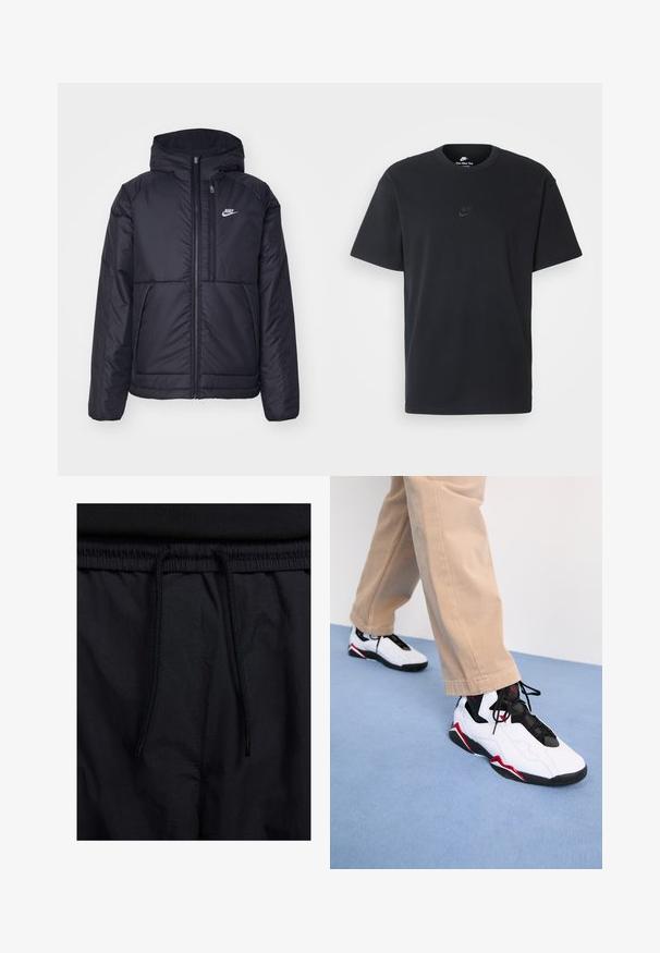 Black, padded Nike jacket with a front zipper and hood. Features a white logo on the left chest and dual front pockets. Smooth exterior texture.; Nike black cotton t-shirt with a classic crew neck, short sleeves, and a subtle, embossed logo on the chest. Smooth texture.; Black shorts featuring a drawstring waistband, lightweight fabric with a smooth texture, and a simple design without visible logos or patterns.; White athletic sneakers with black and red accents, featuring a smooth upper and textured mesh, paired with light beige pants.