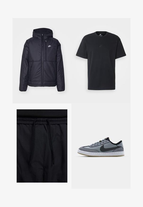 Casaco Nike preto, acolchoado, com fecho à frente e capuz. Apresenta um logo branco no lado esquerdo do peito e dois bolsos frontais. Textura exterior lisa.; T-shirt de algodão preto da Nike com um clássico decote redondo, mangas curtas e um logótipo em relevo discreto no peito. Textura suave.; Calções pretos com um cós elástico ajustável, fabricados em tecido leve com uma textura suave e um design simples, sem logótipos ou padrões visíveis.; Sapatilhas cinzentas com um upper liso, detalhes em camurça, swoosh preto da Nike, entressola branca e sola de borracha texturizada. Inclui atacadores e colarinho almofadado.