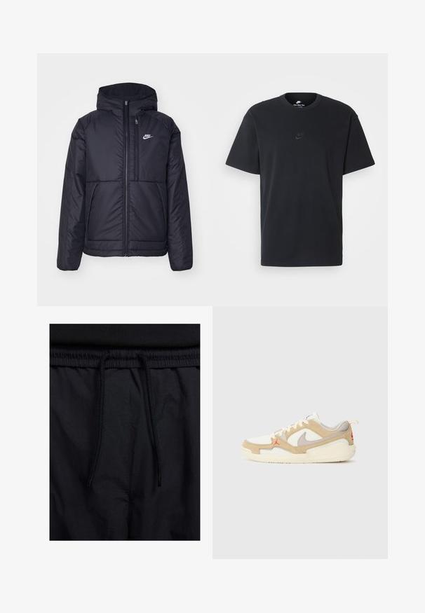 Must musta Nike jope, millel on ees lukuga avamine ja kapuuts. Vasakpoolne rind on kaunistatud valge logoga ning ees on kaks taskut. Sile välimine tekstuur.; Nike musta mustast puuvillast T-särk klassikalise ümmarguse kaelusega, lühikeste varrukatega ja õrna, reljeefse logoga rinnal. Sile tekstuur.; Mustad lühikesed püksid, millel on paelaga vöökoht, kerge kangas, mis on sileda tekstuuriga ning lihtne disain ilma nähtavate logode või mustriteta.; Valged ja beežid tennised, millel on võrkpaneelid ja seemisnahast detailid, hallid aktsendid, punane logo ja oranž tõmblukk. Ümardatud varvased ja pehmendustega tallakujundus.