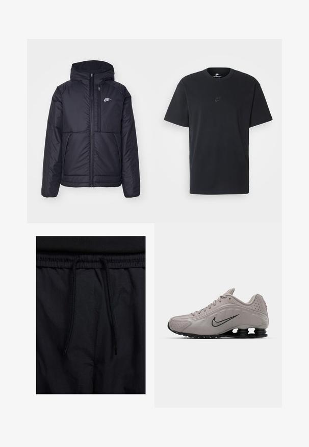 Casaco Nike preto, acolchoado, com fecho à frente e capuz. Apresenta um logo branco no lado esquerdo do peito e dois bolsos frontais. Textura exterior lisa.; T-shirt de algodão preto da Nike com um clássico decote redondo, mangas curtas e um logótipo em relevo discreto no peito. Textura suave.; Calções pretos com um cós elástico ajustável, fabricados em tecido leve com uma textura suave e um design simples, sem logótipos ou padrões visíveis.; Shoe atlética cinza claro com um cabedal moldado, detalhes texturizados, sola preta e um destacado swoosh da Nike em cinza escuro. Apresenta perfurações.