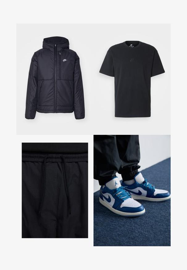 Must musta Nike jope, millel on ees lukuga avamine ja kapuuts. Vasakpoolne rind on kaunistatud valge logoga ning ees on kaks taskut. Sile välimine tekstuur.; Nike musta mustast puuvillast T-särk klassikalise ümmarguse kaelusega, lühikeste varrukatega ja õrna, reljeefse logoga rinnal. Sile tekstuur.; Mustad lühikesed püksid, millel on paelaga vöökoht, kerge kangas, mis on sileda tekstuuriga ning lihtne disain ilma nähtavate logode või mustriteta.; Nike Air Jordan tennisijalad on valge nahast alus siniste sünteetiliste detailidega, aukudega varbakoht ja sinised paelad.