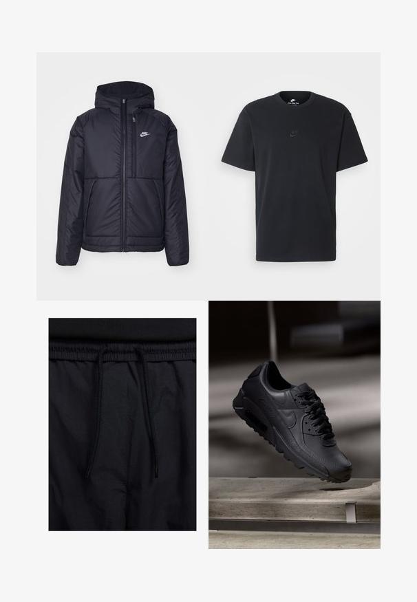 Casaco Nike preto, acolchoado, com fecho à frente e capuz. Apresenta um logo branco no lado esquerdo do peito e dois bolsos frontais. Textura exterior lisa.; T-shirt de algodão preto da Nike com um clássico decote redondo, mangas curtas e um logótipo em relevo discreto no peito. Textura suave.; Calções pretos com um cós elástico ajustável, fabricados em tecido leve com uma textura suave e um design simples, sem logótipos ou padrões visíveis.; Sapatilhas Nike Air Max pretas com parte superior em couro texturizado, sola de borracha e sistema de atacadores proeminente, exibindo um design elegante e moderno.