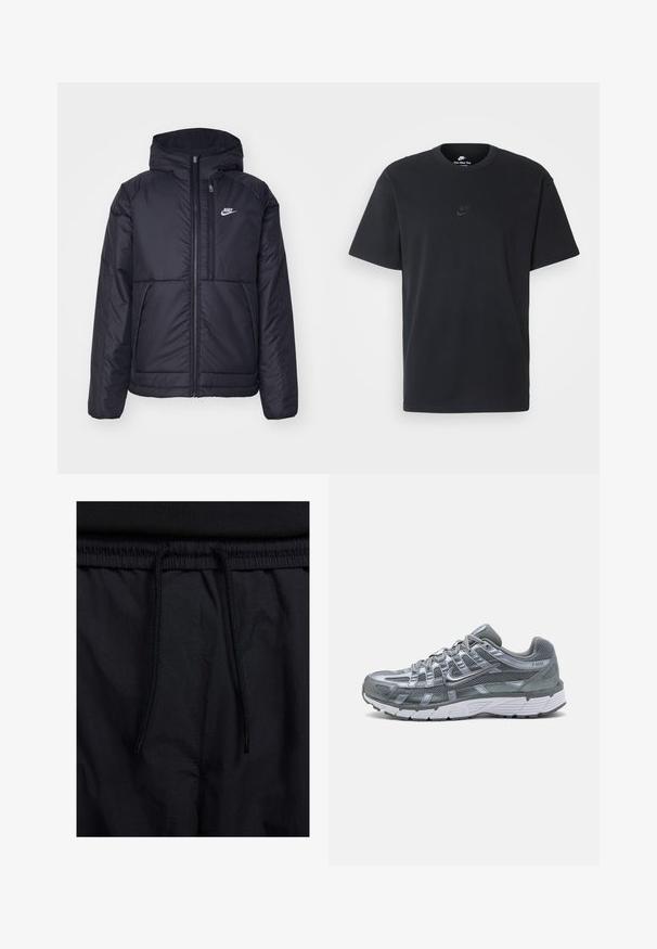 Chaqueta acolchada negra de Nike con cremallera frontal y capucha. Presenta un logo blanco en el lado izquierdo del pecho y dos bolsillos frontales. Textura exterior suave.; Camiseta negra de algodón de Nike con un clásico cuello redondo, mangas cortas y un sutil logo en relieve en el pecho. Textura suave.; Pantalones cortos negros con cinturilla ajustable, tejido ligero con una textura suave y un diseño sencillo sin logotipos visibles ni patrones.; Zapatilla deportiva gris con parte superior de malla y sintético, puntera reforzada y suela gruesa blanca. Presenta un sistema de cordones entrecruzados y acentos del logo.